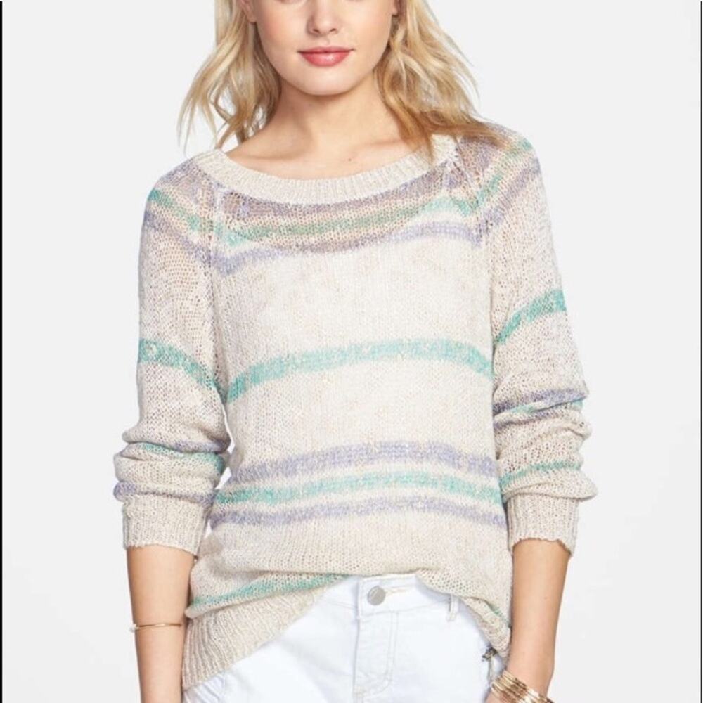 BP Brass Plum Women’s Striped Open Knit Crew Neck Pullover Sweater Top Size XS - Picture 3 of 7